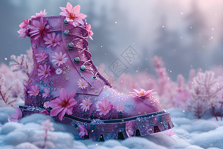 花海中的粉色雨靴背景图片