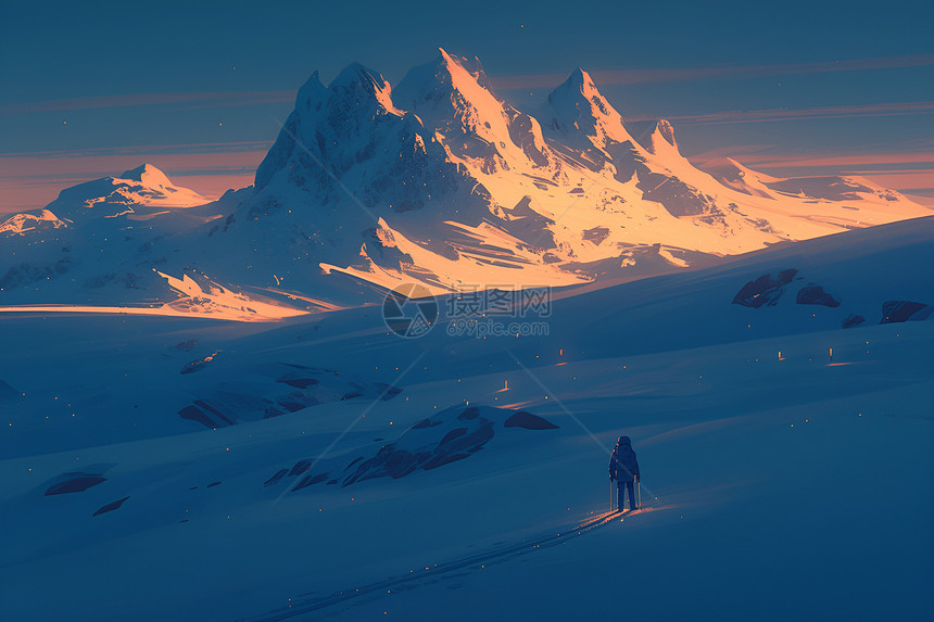 冬日黄昏下的雪景行者图片