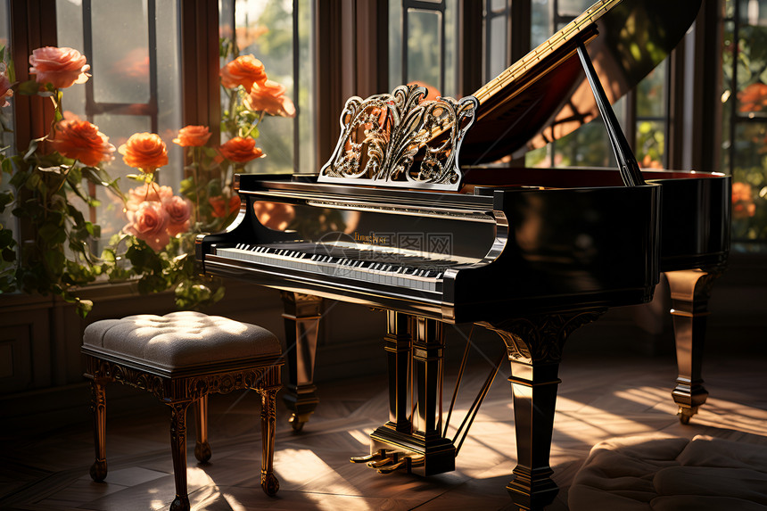 钢琴傍边的花卉图片