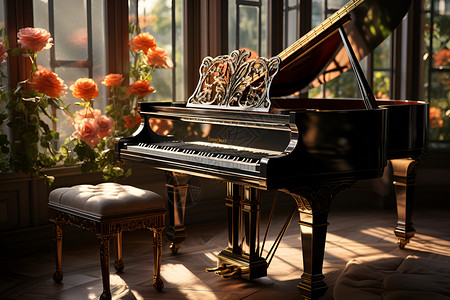 钢琴傍边的花卉背景图片