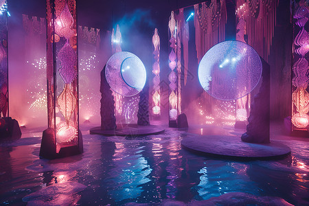 西湖音乐喷泉房间里的水景玻璃喷泉插画