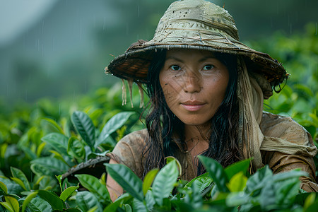 茶园雨中的采茶人背景图片