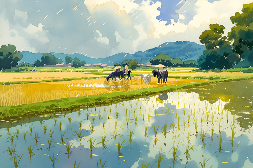 稻田里的农民和耕牛图片