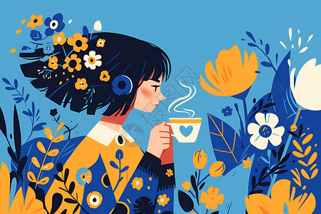 花丛里喝咖啡的女孩背景图片