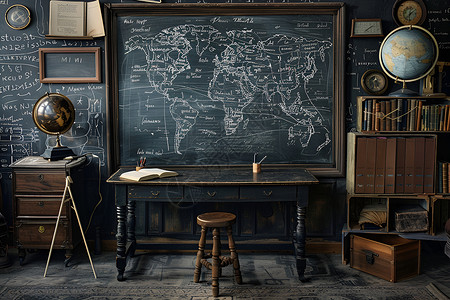 地图上折线图黑板上的世界地图背景