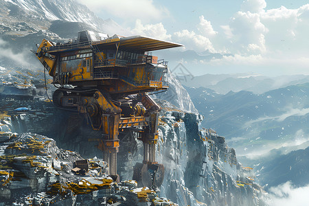 高山悬崖高山之巅的黄色机器插画