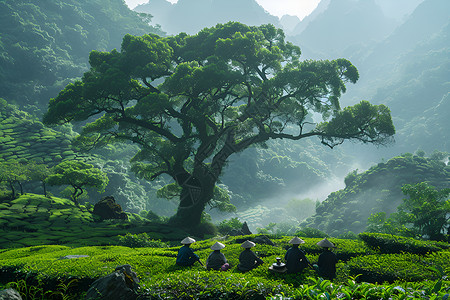 茶农树荫下休息高清图片