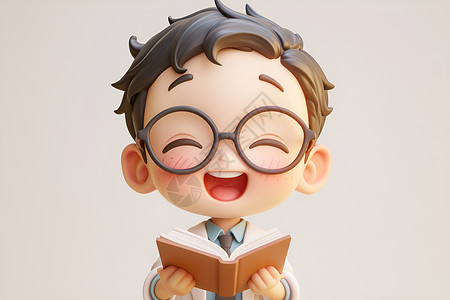 书籍上放着眼镜男孩的笑容插画