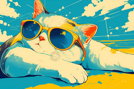 墨镜猫海滩上戴着太阳镜的猫插画