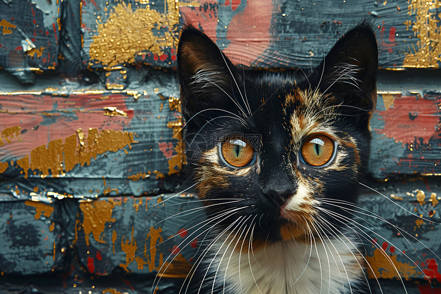 炫目墙壁上的猫咪油画图片