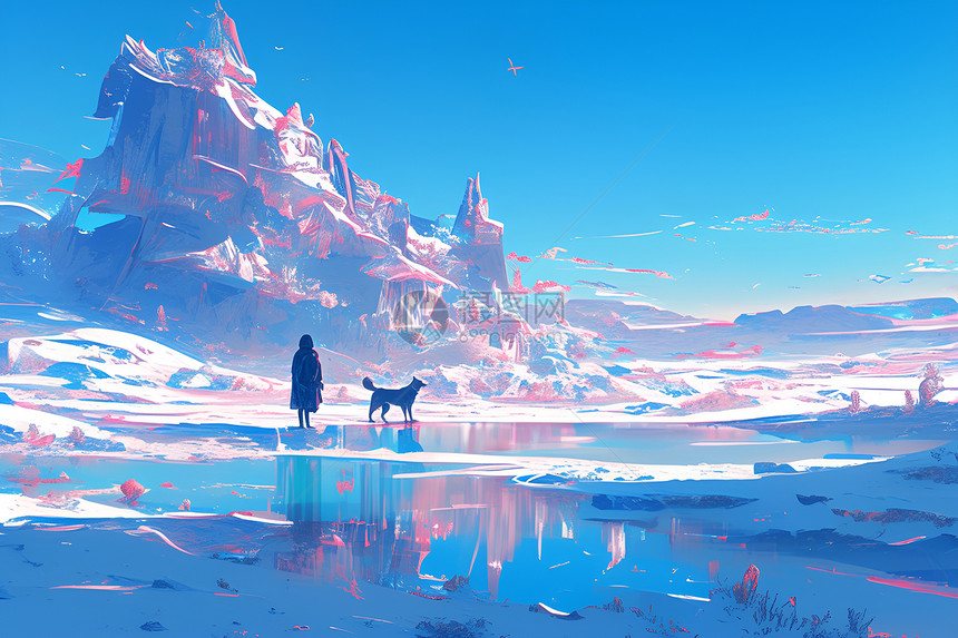 人和狗站在雪山上俯瞰湖泊图片