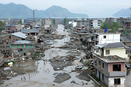 水被洪水中被摧毁的城镇背景