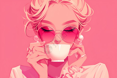 少女佩戴时尚粉色太阳镜插画