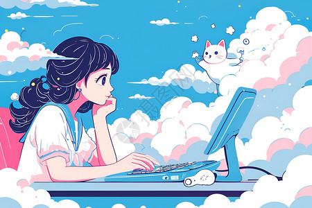 打字云梦幻背景下的少女与可爱小猫插画