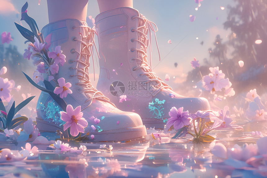 粉色鲜花里的靴子图片