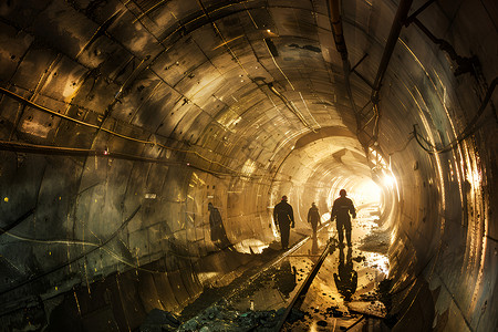 坚定前行一步一步完成危险隧道施工的工人们插画