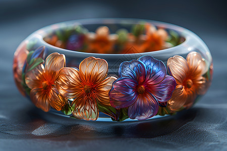瓷器艺术品玻璃戒指里的花朵插画