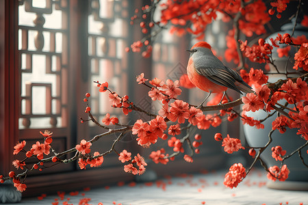 红梅杏红梅上的小鸟插画