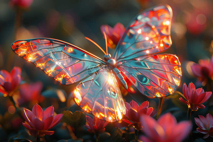 花朵上的玻璃蝴蝶图片