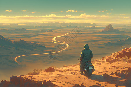 沙漠摩托骑着摩托车穿越沙漠的人插画
