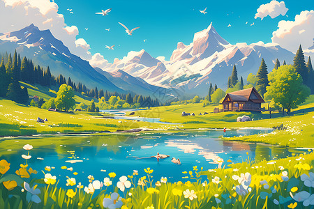 迷人风景春日里绘制的湖边小屋插画