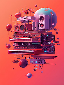 红色音乐迷幻的音乐装置设计图片