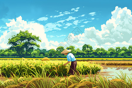 稻杆田园间的稻农插画
