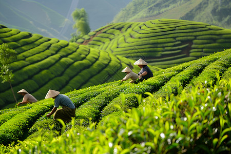 采茶素材茶农团队在山区茶园中采摘背景