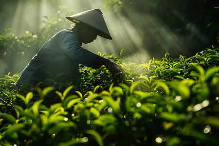 茶农草坪上光影交错中的茶叶采摘背景