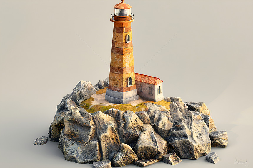 孤立的岩石上的小木灯塔图片