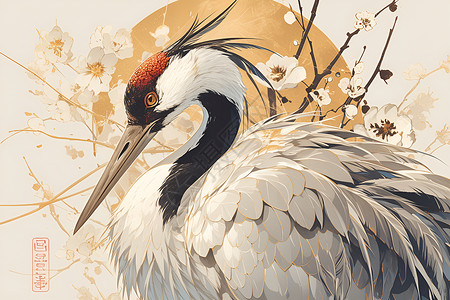 一只红头鹤插图背景图片
