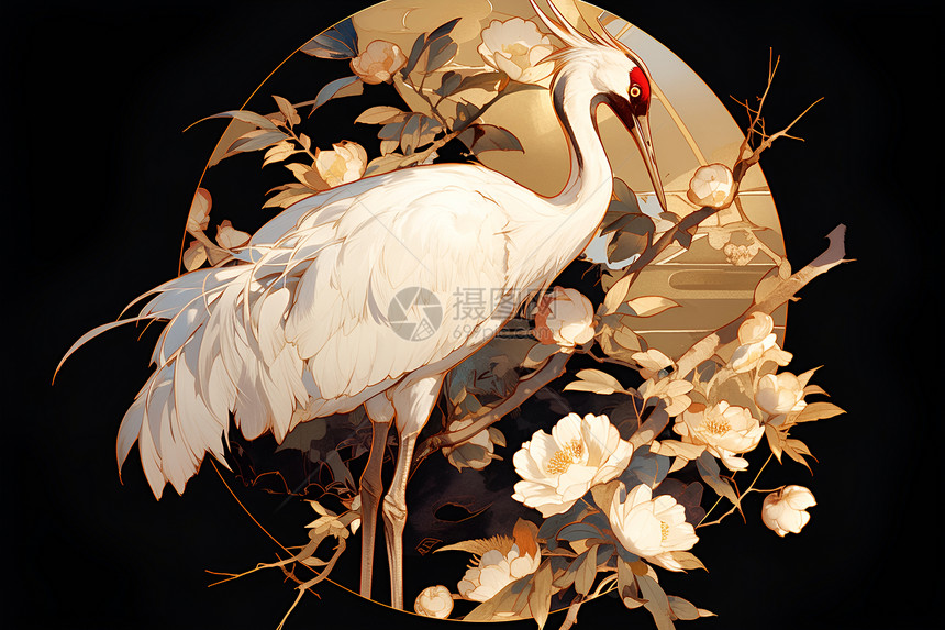 红冠鹤临白背景图片