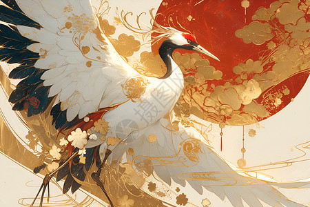 红冠鹤展翅飞舞背景图片