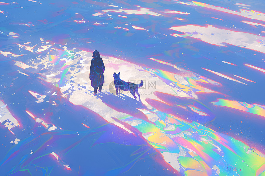 彩虹光影中的人和狗图片