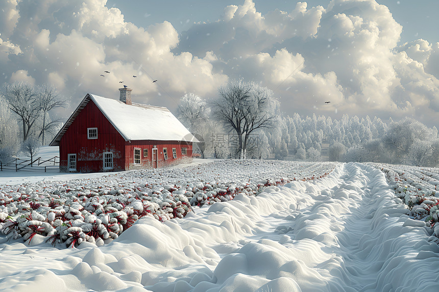 雪地中的红房图片