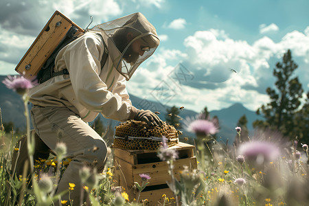 香蜂花蜂农在花海中照料蜂巢背景