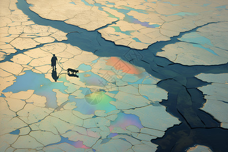 河滩冬日彩虹湖畔散步的人和狗插画