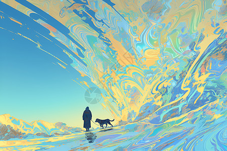十里河滩水边遛狗的人插画