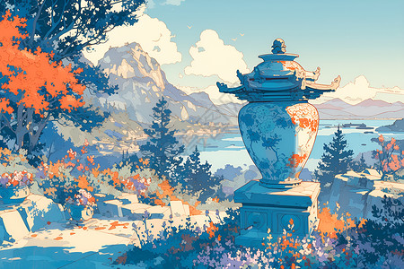 山水花园里的陶瓷壶背景图片