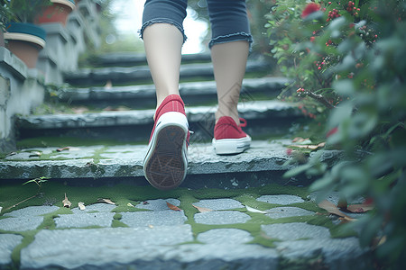 花园女人穿红鞋的脚背景