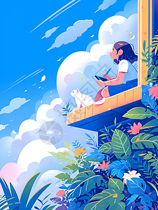 坐在天台的女孩和猫咪插画