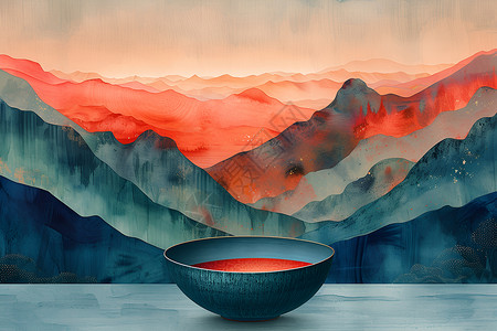 压电陶瓷碗前山水设计图片