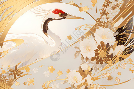 红冠鹤的金箔画卷背景图片