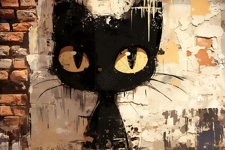 黑猫与砖墙涂鸦砖墙高清图片