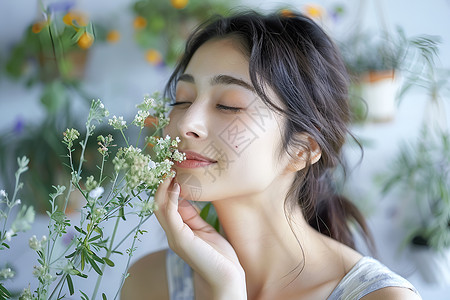 鲜花配美女花香四溢中少女嗅着一朵花背景