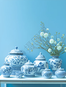 陶艺x展架花瓶中的泰式蓝插画