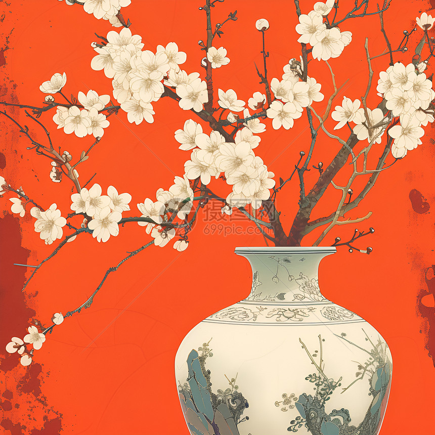 红梅白花的花瓶图片