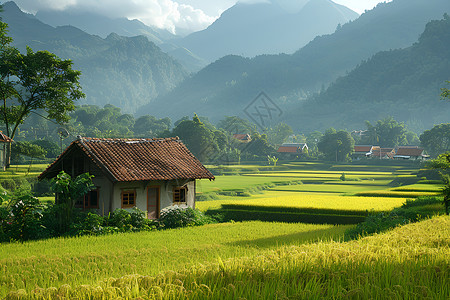 丰收时节中的稻田间背景图片