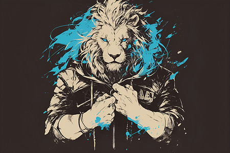 凶猛蓝色鬃毛的狮子插画