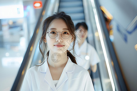 美丽的医护女士在电梯上背景图片